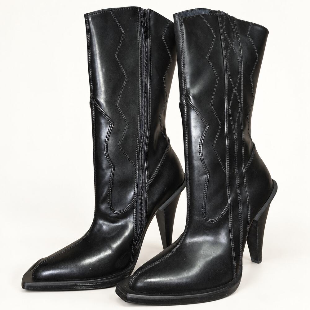 Demonia Rodeo 116 Womens 8 Black Faux Leather Knee High Side Zip Heel Boots